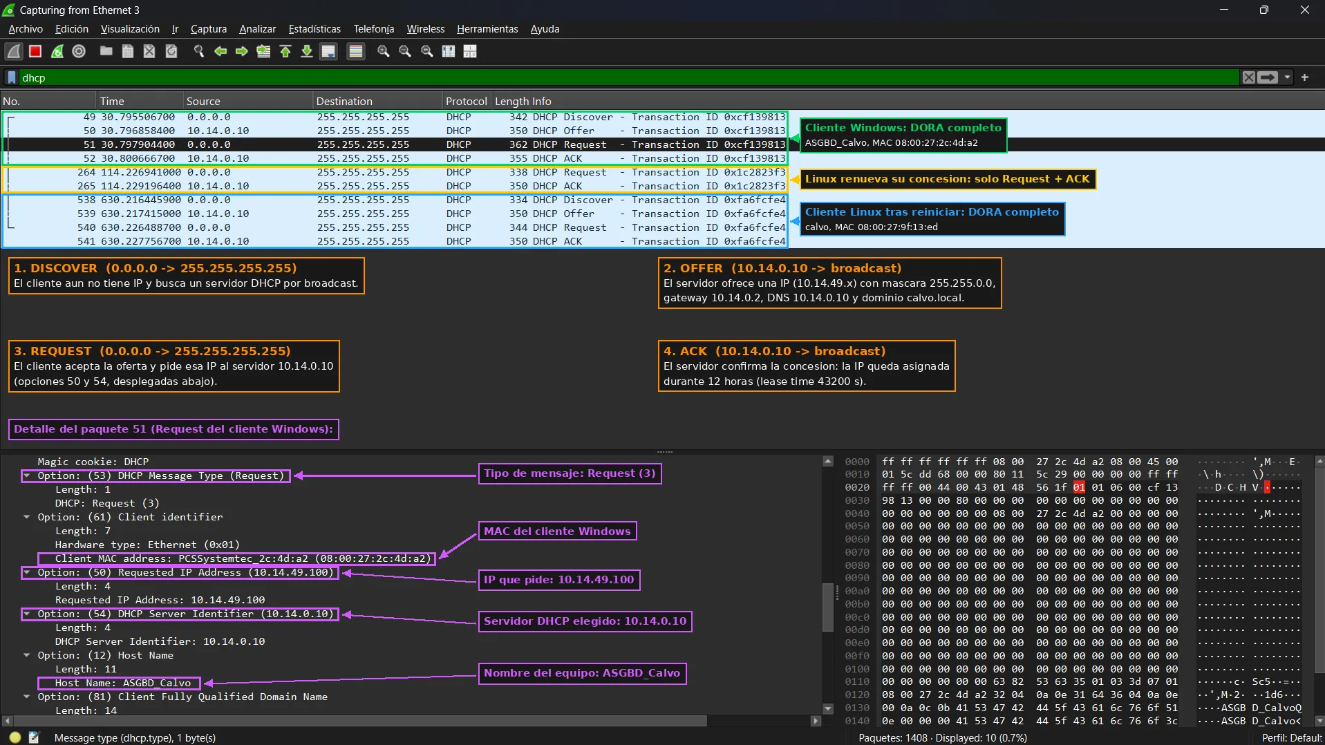 Captura de Wireshark filtrada por dhcp con el DORA completo del cliente Windows, la renovación del cliente Linux y el DORA del Linux tras reiniciar, con el detalle del paquete Request